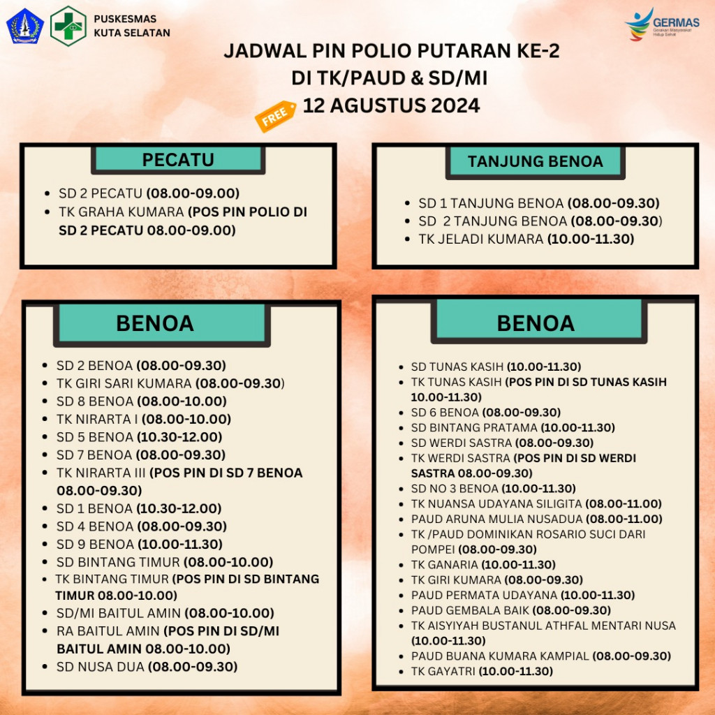 Jadwal Kegiatan Pin Polio 2024 Puskesmaskutaselatan Badung